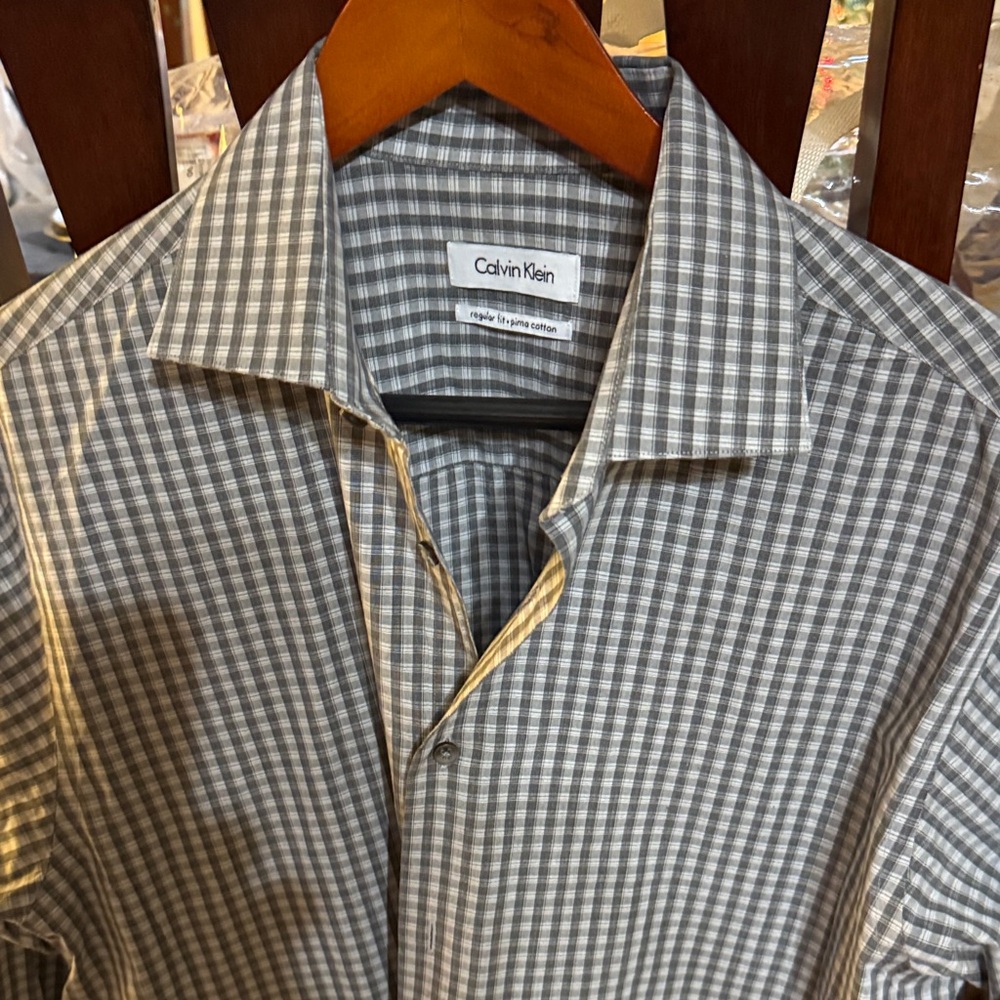 Calvin Klein Men's Gray Plaid Shirt 16 32/33 large
